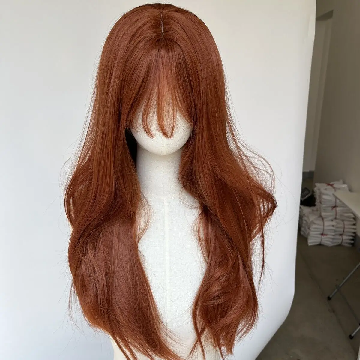 Long Straight Dress Up Wig With Bangs Heat Resistant Hair Copper Red