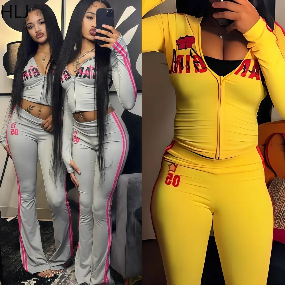 Zestaw dwuczęściowy HLJ Fashion z nadrukiem liter, dla kobiet, bluzka crop top na zamek z paskami i patchworkiem oraz spodnie typu flare, pasujący strój streetwearowy dla kobiet.
