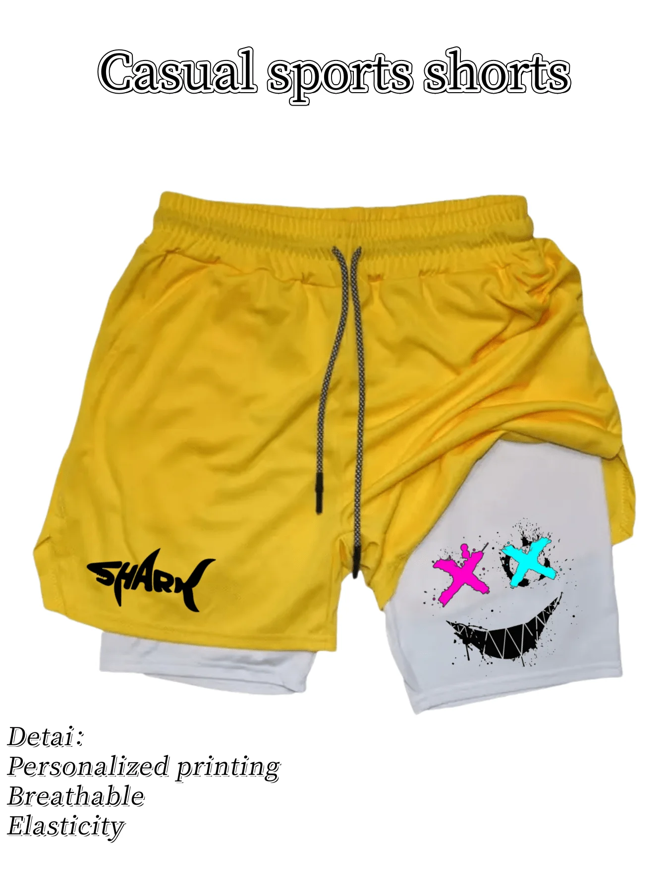 2026 Summer Men's Fashion Casual Double Layer Running Training Shorts with Shark Happy Pattern Printed Sports Gym Shorts view 6