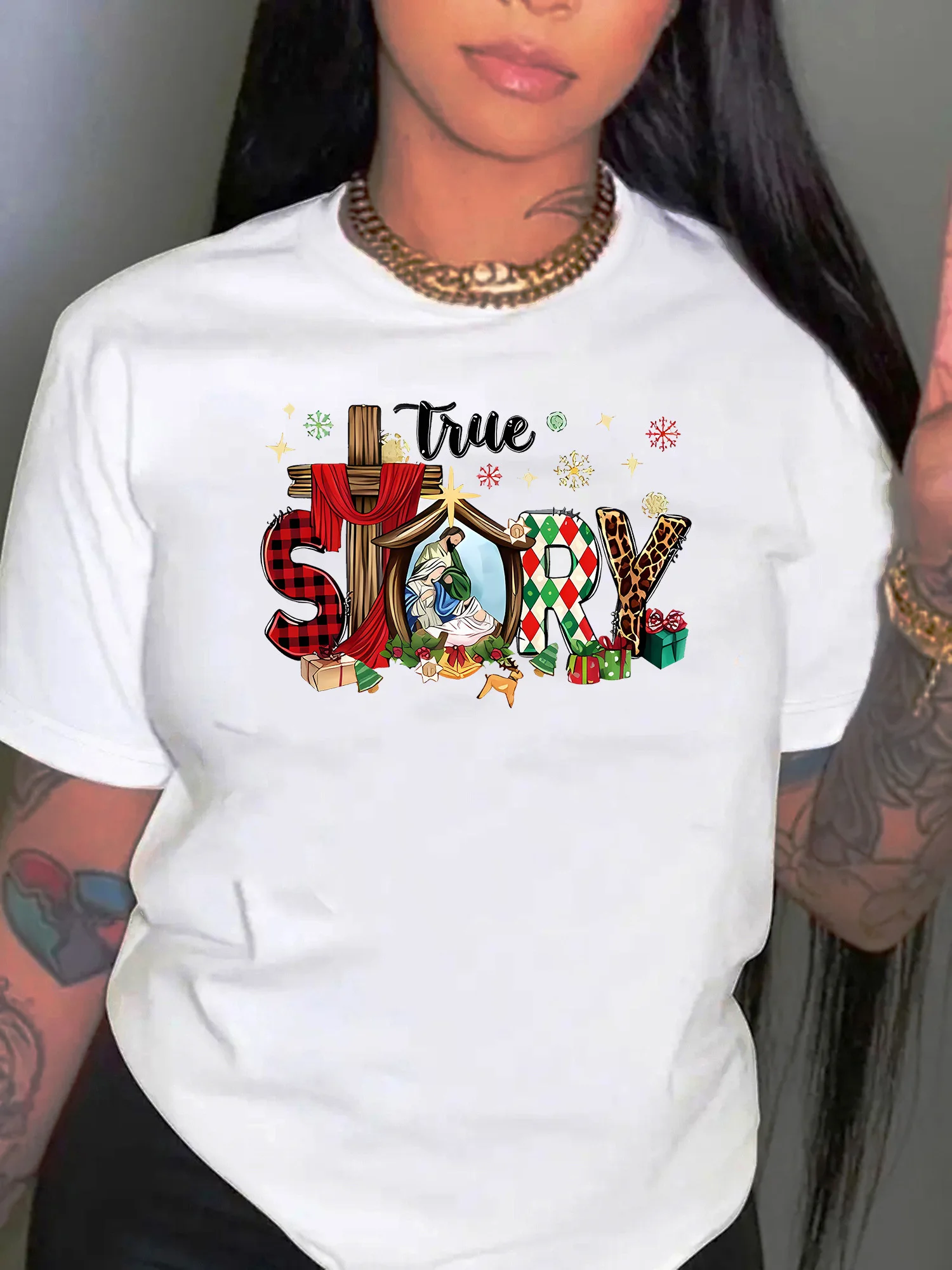 

Удобная повседневная одежда с короткими рукавами и круглым вырезом с рождественским крестом и буквенным принтом в стиле Харадзюку, уличные топы, футболки, эстетичная одежда