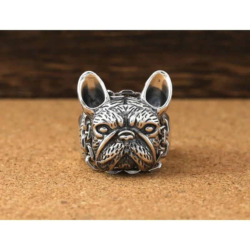 S925 sterling silver ornament creative Bulldog personalized men's vintage Thai silver ring trendsetter index finger open ring