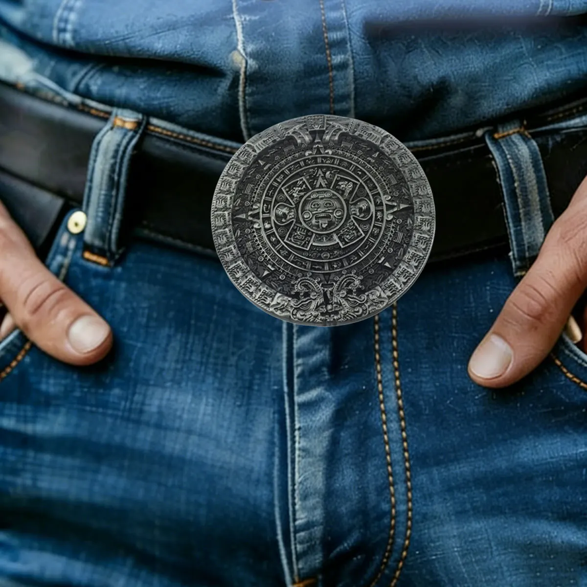 Retro Ancient Civilization Solar Calendar Style Men's Belt Buckle
