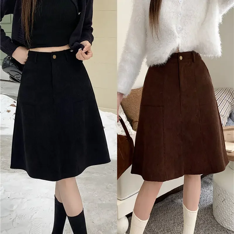 

Retro Corduroy Skirt Women's Autumn and Winter Large Size High Waist Pocket A-Line Mid Skirt Slim and Versatile Umbrella Skirt