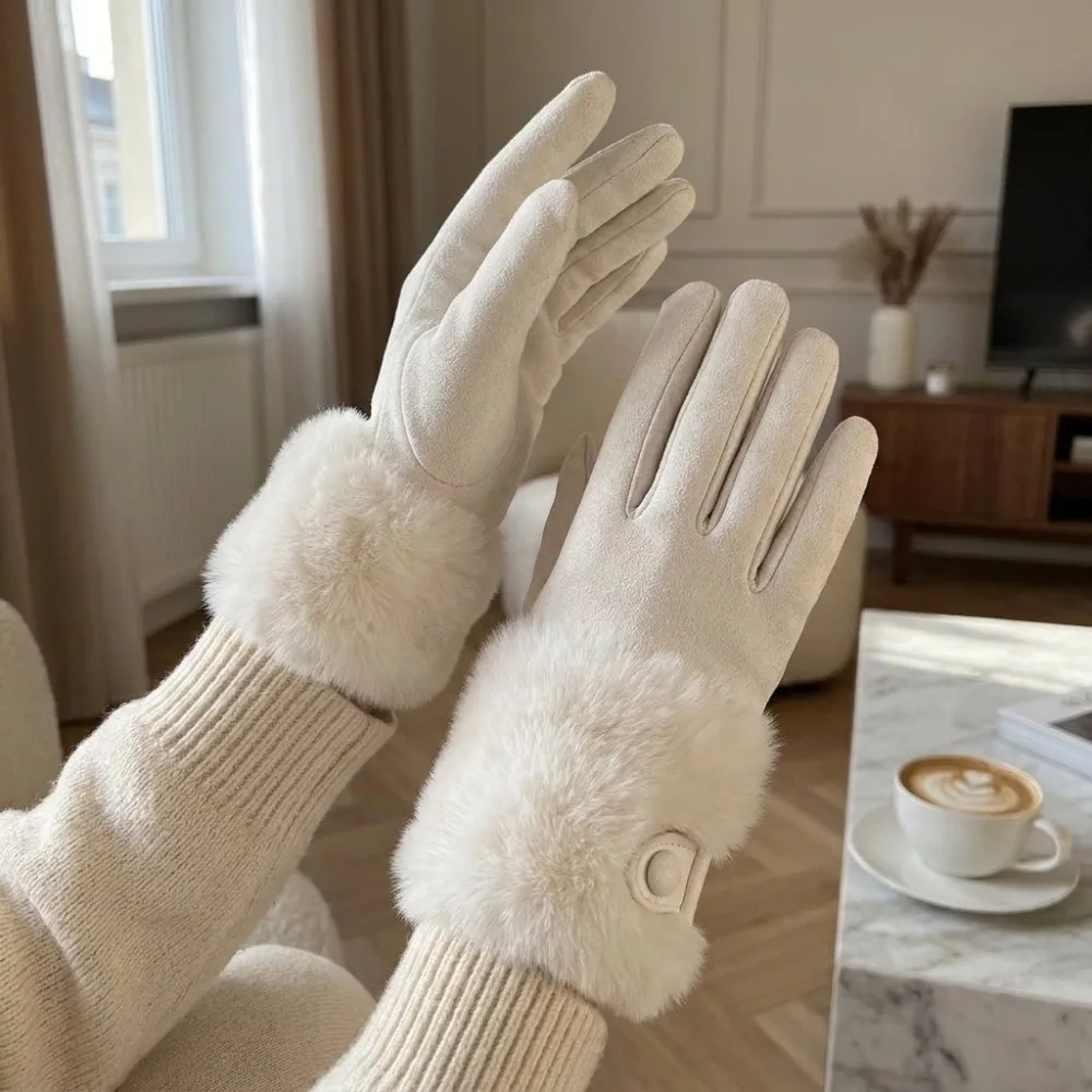 Chic Plush Thermal Gloves Polyester Touchscreen Winter Warm Gloves Buckle Design Windproof Split Finger Gloves Christmas Gifts