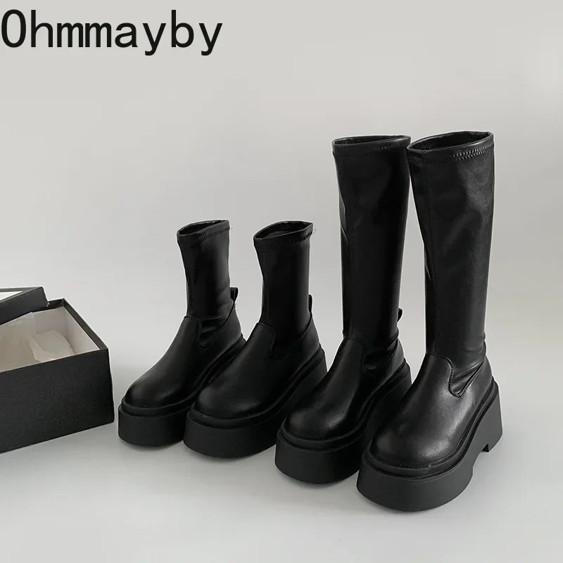 Styl uliczny jesienno-zimowa długie buty do kolan damskie modne platformy wysokie obcasy buty wsuwane Party Botas Mujer