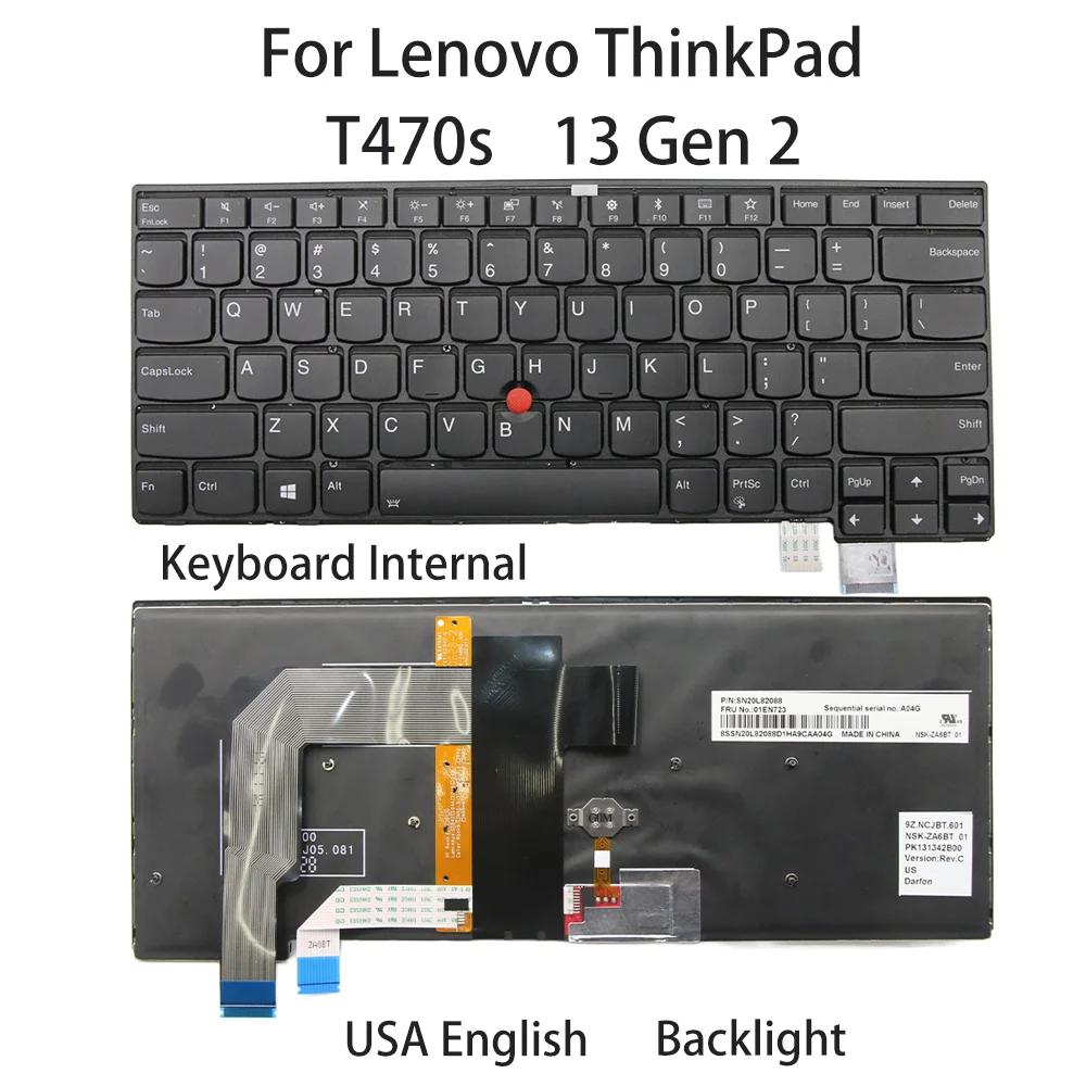 New For Lenovo ThinkPad T470s 13 Gen 2 Laptop Keyboard Internal USA English Backlight FRU: 01EN723 01EN682