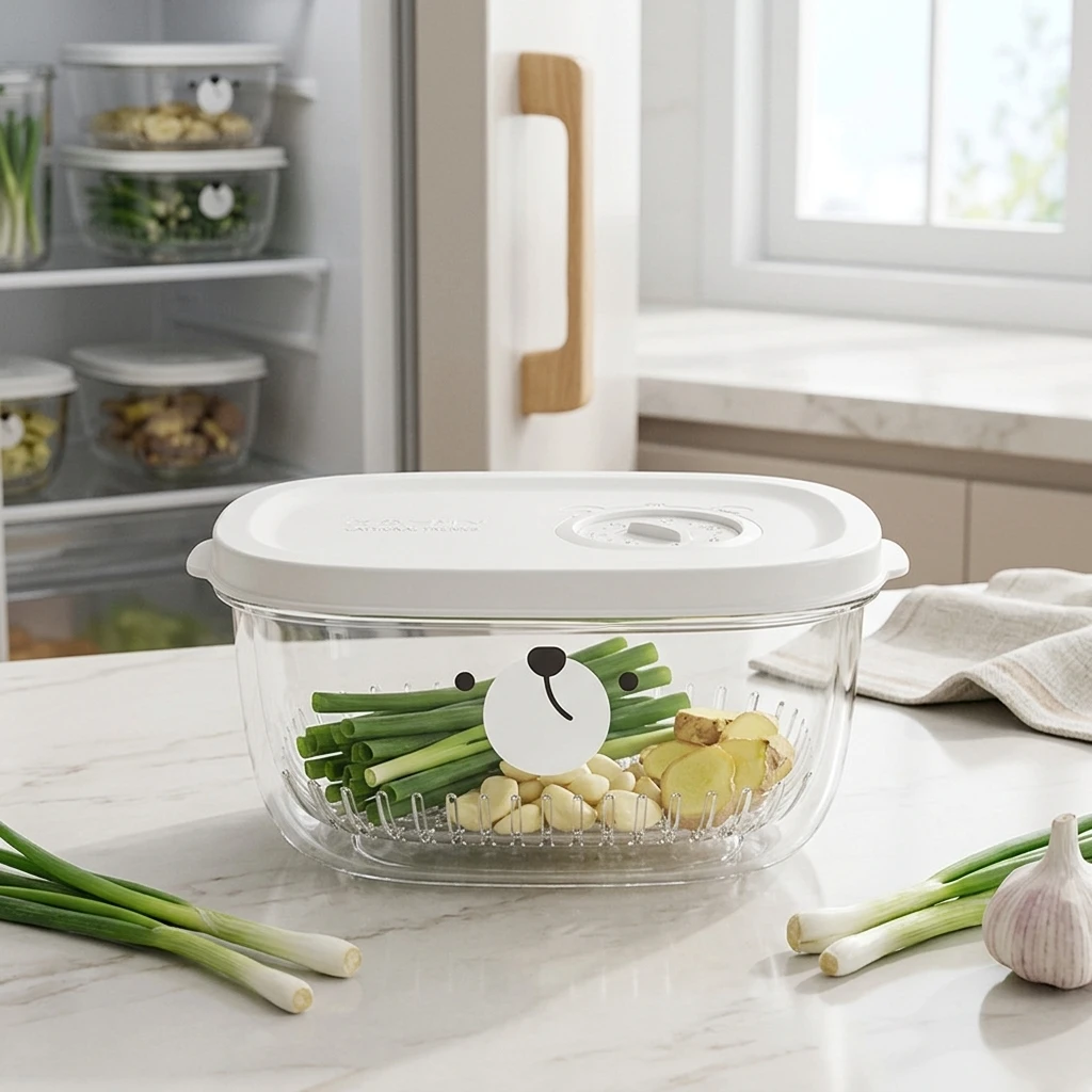 Food Grade PP Refrigerator Produce Storage Box Square Draining Container with Lid Stackable Organizer for Fruits Vegetables