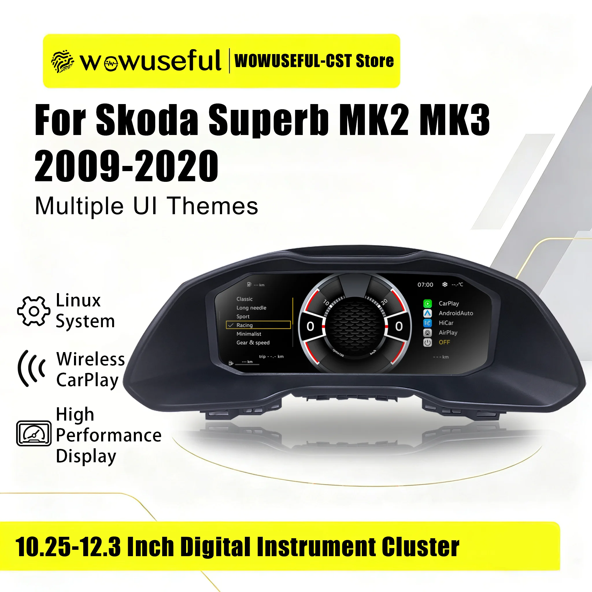 WOWUSEFUL: quadro strumenti digitale per cruscotto virtuale, compatibile con VW Skoda Superb MK2 MK3, modelli 2009-2020, con indicatore di velocità digitale.
