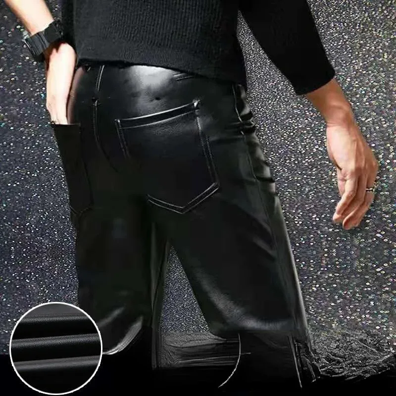 New Men's Pu Pantsslim Men's Leather Pu Pants Fit Elastic Single Layer Motorcycle Man Waterproof Oil-proof Young