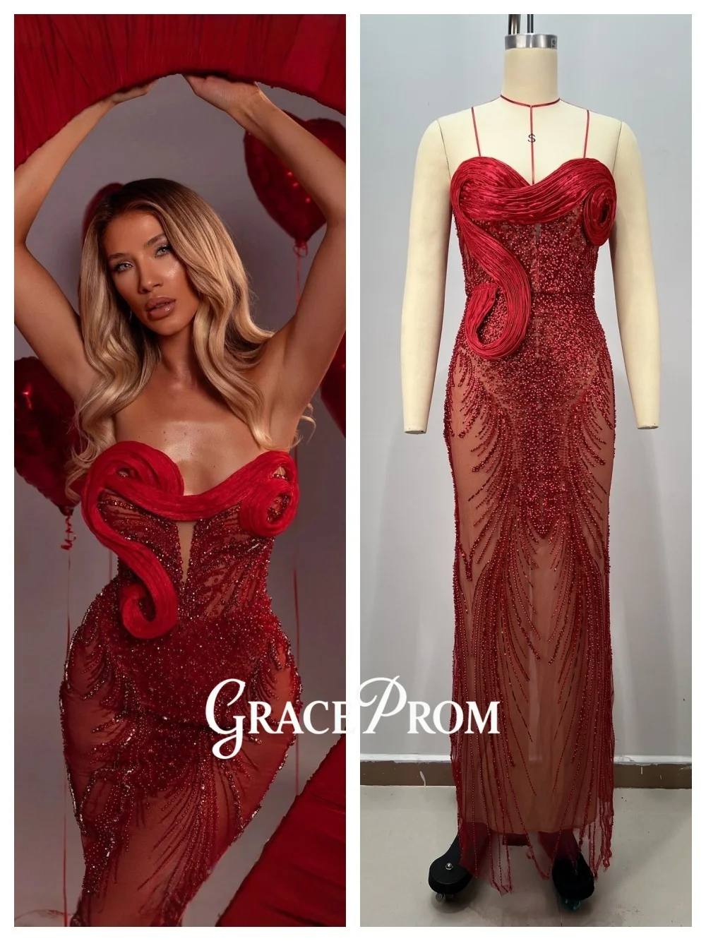 فستان سهرة أنيق على شكل قلب من GraceProm 2026 فستان سجادة مطرز فاخر عصري على شكل بوق بطول الأرض للحفلات