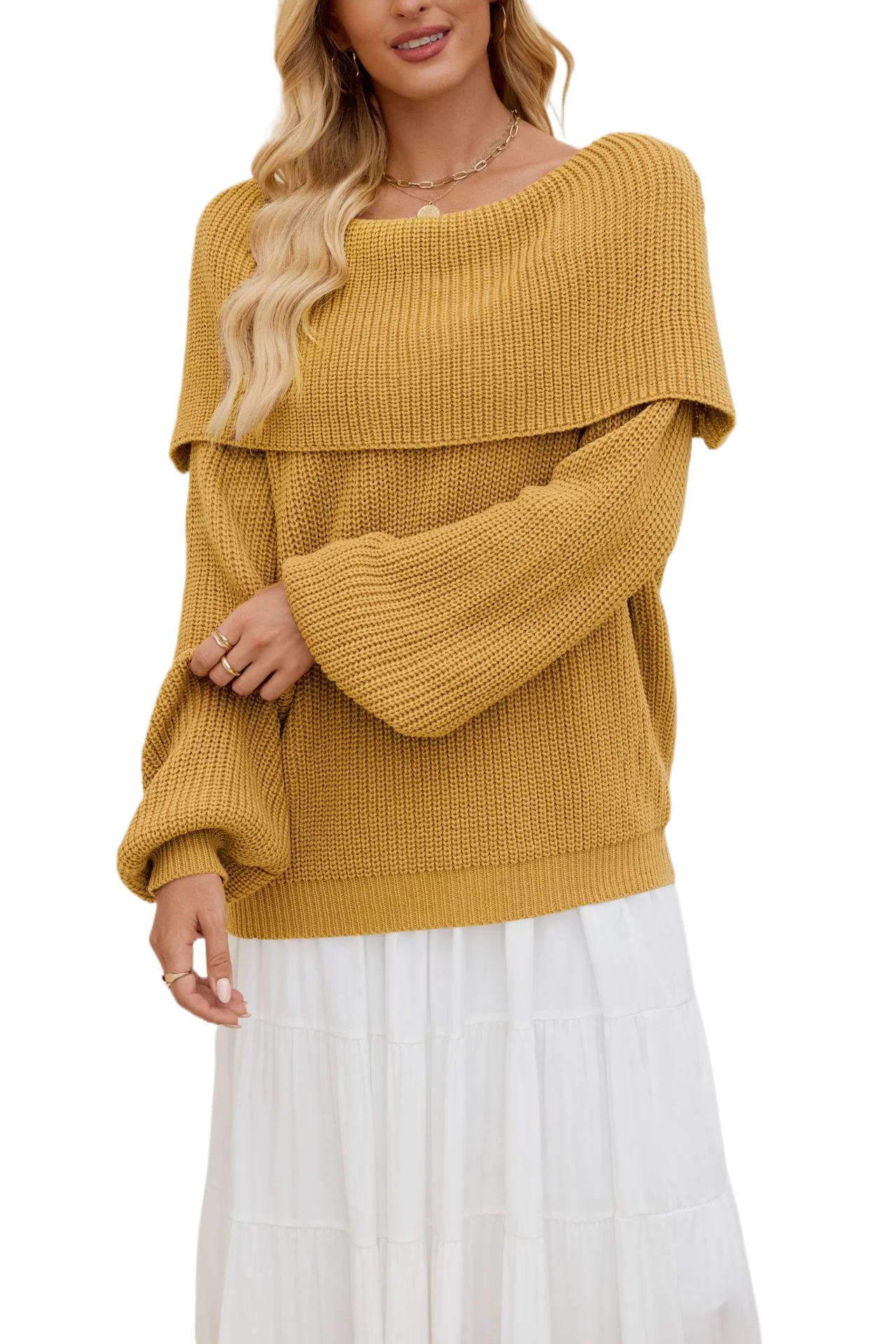 

Casual Knitted Pullover Loose One-length Neck Lantern Sleeve Solid Color Sweater For Women Autumn Winter Fashion New Top