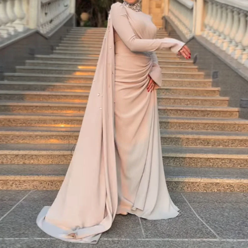 

Customized A-line Evening Dresses Floor-length High-neck Full Sleeve Prom Gown Fashion Crystal Pleat Simple Draped Party Gown