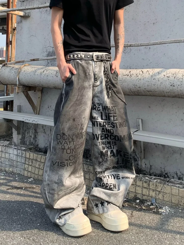 

2026 American Retro Y2K Grunge Dirty Washed White Baggy Jeans Pants For Men Clothing Wide leg Streetwear Cotton Long Trousers