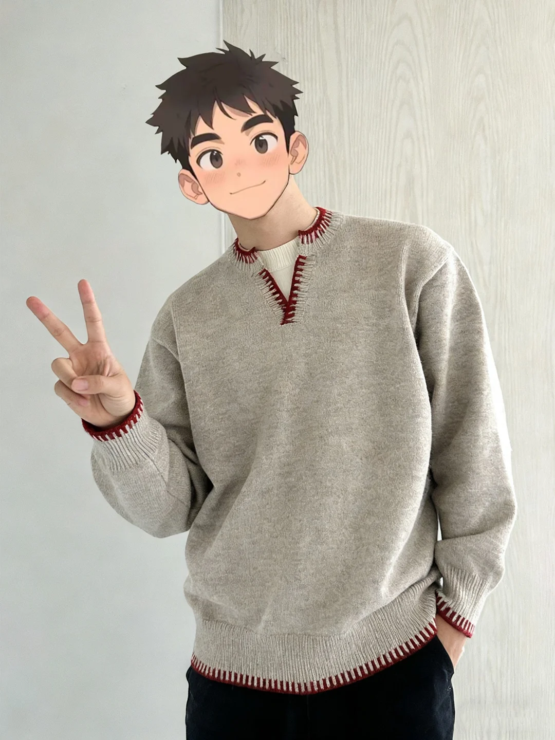 

Oumulong Men's Knitted Sweater V-Ne Hand Sewn Color Blo Fake Two-Piece Winter Warm Long Sve round Ne Pullover Top