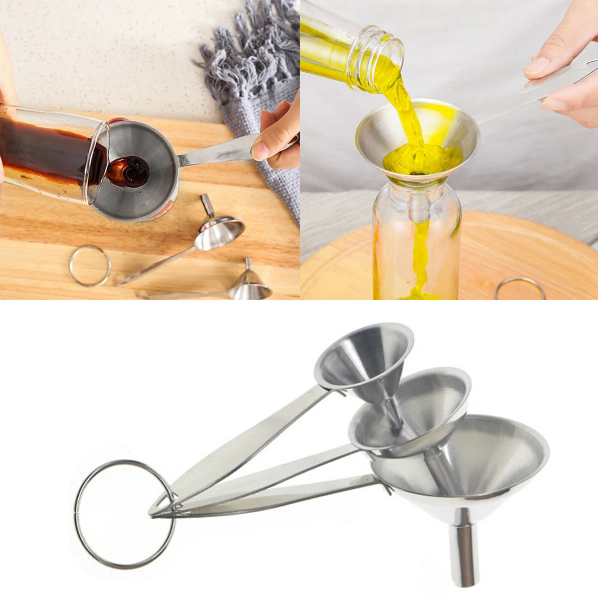 

Hot Stainless Steel Funnel Three-piece Set Mini Funnel Oil Spill Wine Spill Tool Liquid Dispenser Kitchen Funnel Set