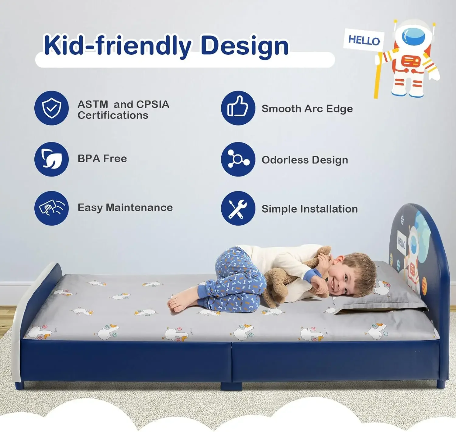 Twin Bed Frames for Kids, Wood Upholstered Twin Bed Platform with Slat Support, Padded Headboard&Footboard, No Box Sprin