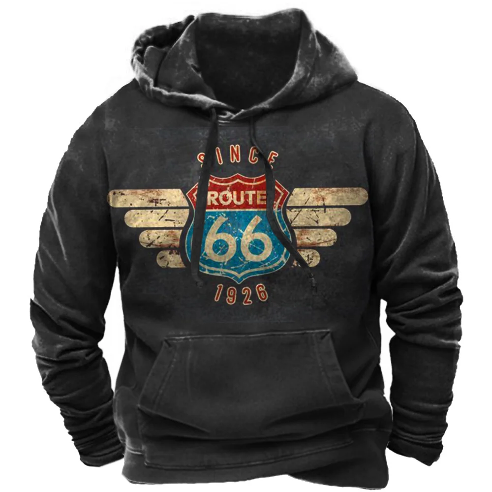 Vintage 66 Route Pullovers For Men Printed Biker Motor Sweatshirt Man Clothes Oversized Long Sleeve Top Tee Shirt Men\'s Hoodies