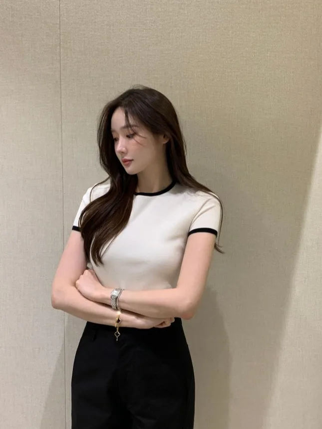 Chic ort Sve Knitted Top Women's Slim Fit Summer New Sle Thin Faionable Anti Aging Polyester Fiber 00% V Ne T irt