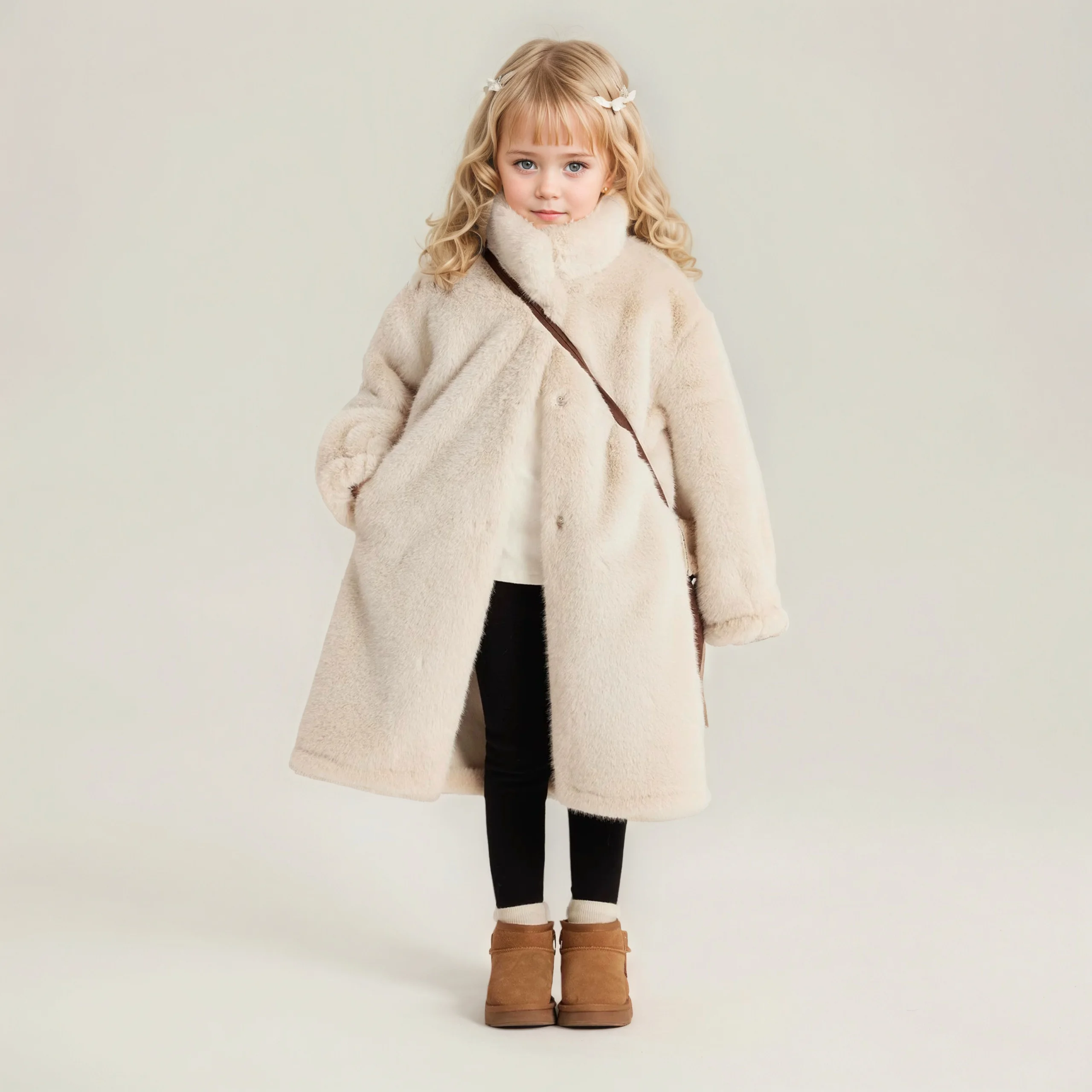 

-30℃ Faux Fur Girls Jacket Winter New Long Solid Color Thick Warm Berber Fleece Trench Coat for 5-12Y Kids Fashion Snowsuit