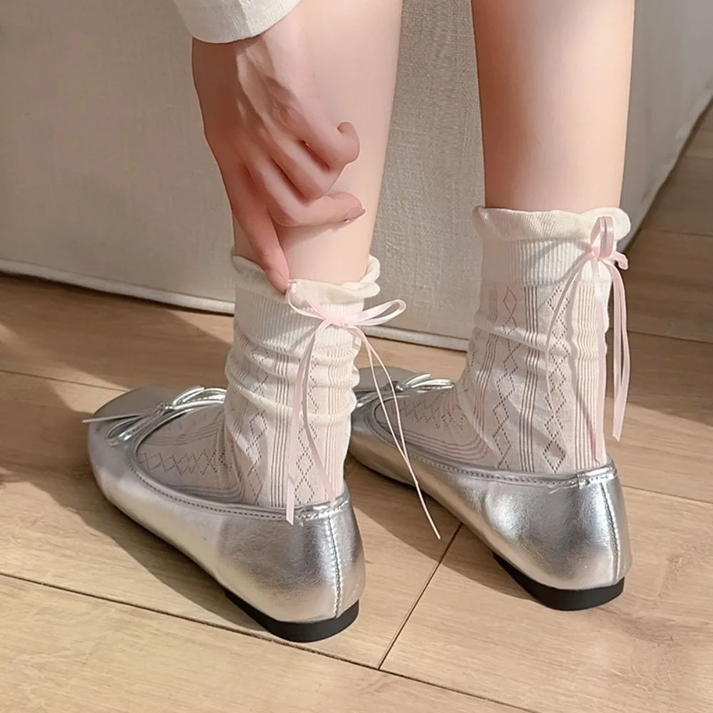 

Soft Cute Bow Sweet Lolita Thin Socks Breathable Solid Color Bowknot Socks Mesh Long Socks Summer