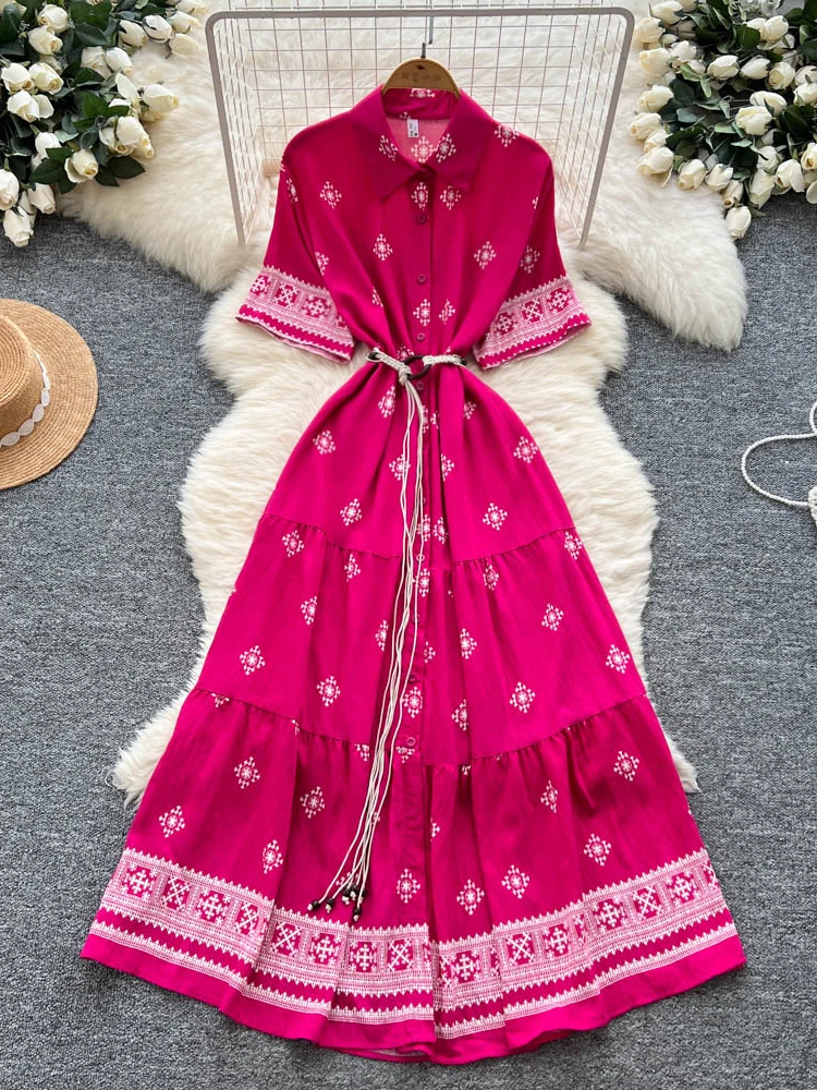 

Женское летнее платье Vestidos 2025 с нишевым ретро-воротником и короткими рукавами, завязкой на талии, однобортное утягивающее длинное платье с принтом DS180