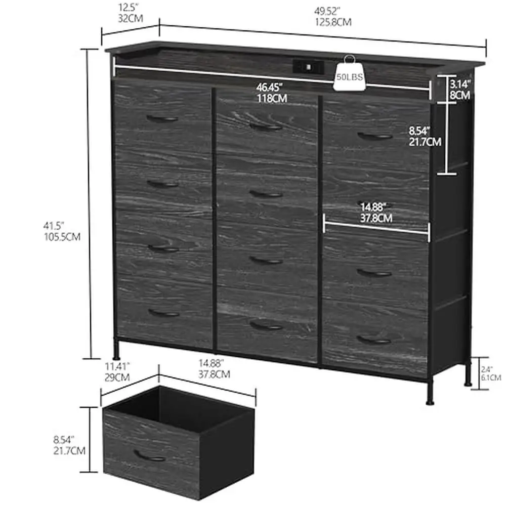 LED Light Dresser 12Drawers Charging Station Fabric Drawers Bedroom Black Iron Frame Cozy Atmosphere Display Space Easy Assembly