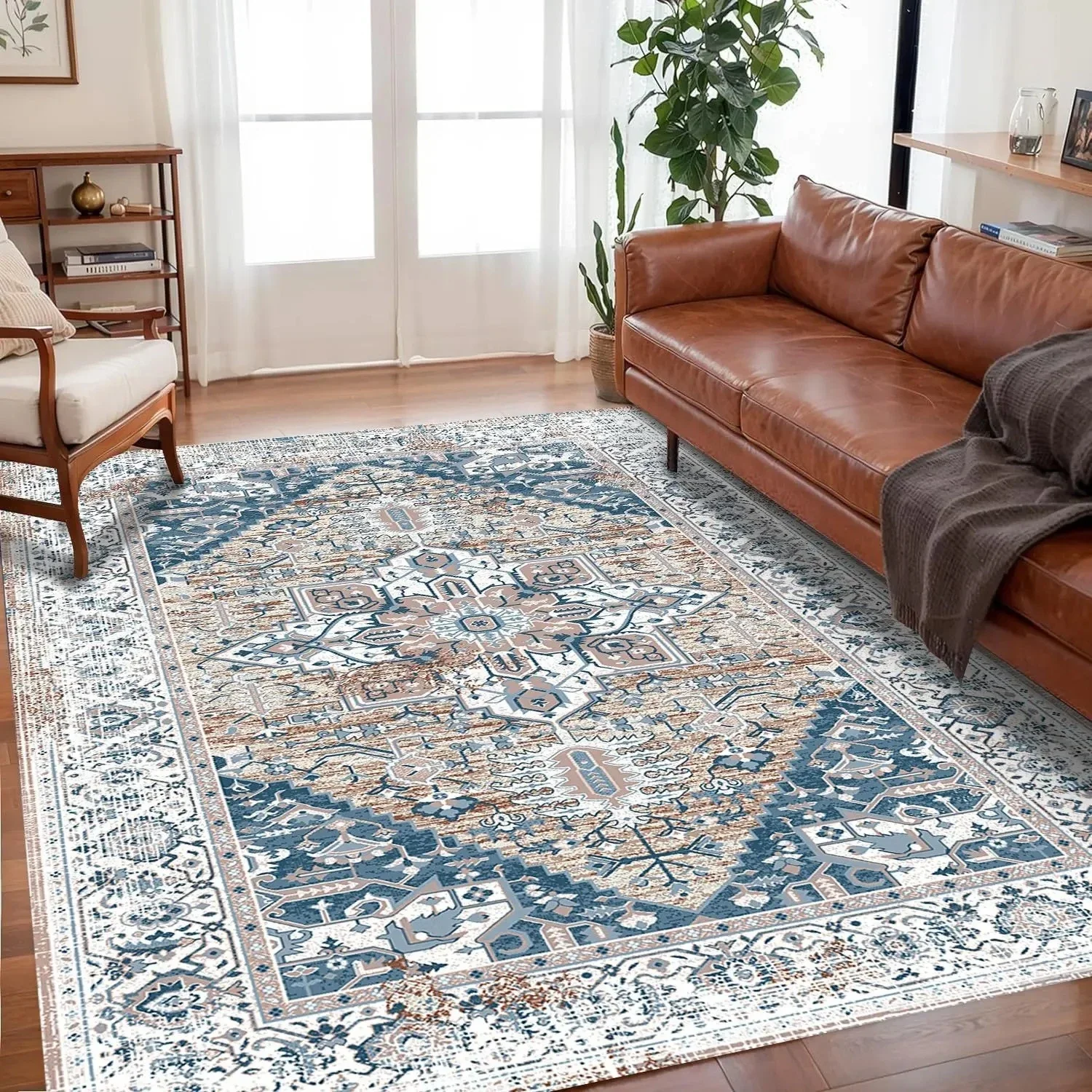 

VIKAMA Vintage Persian Ethnic Rug - Stain-Resistant & Non-Slip Living Room Sofa Mat, Study & Office Carpet Home Furnishing