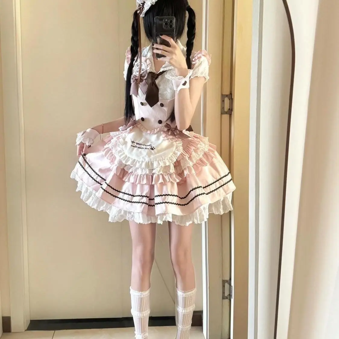 

Милый комплект из трех предметов в стиле японской Лолиты, многослойная юбка с рюшами и бантом, с коротким рукавом, Harajuku, субкультура, наряд для косплея