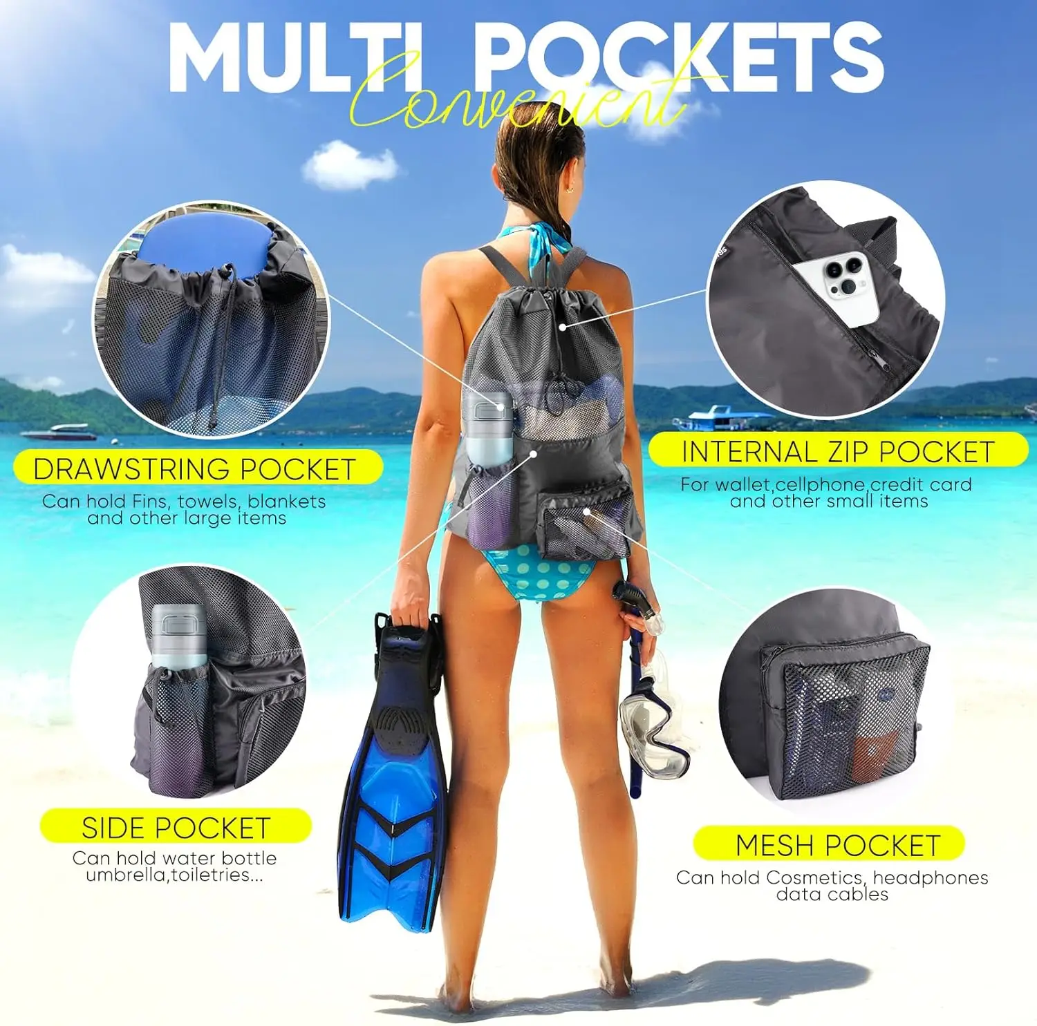حقيبة شاطئ شبكية للسباحة، حقائب رياضية مقاومة للماء للنساء والرجال، حقيبة ظهر كبيرة برباط لمعدات السباحة #3