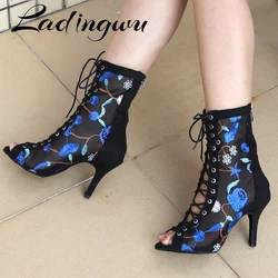 Ladingwu Fashion Dance Boots Women Latin Dance Shoes Professional Ballroom Dance Shoes High-end Custom Embroidery Mesh Boots