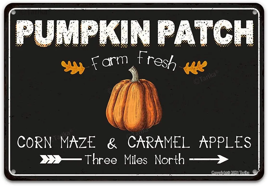 Pumpkin Patch Farm Fresh Corn Maze Caramel Apples Three Miles North Vintage Tin Sign Iron Metal Plaque 12X8 Inches Wall Art Deco