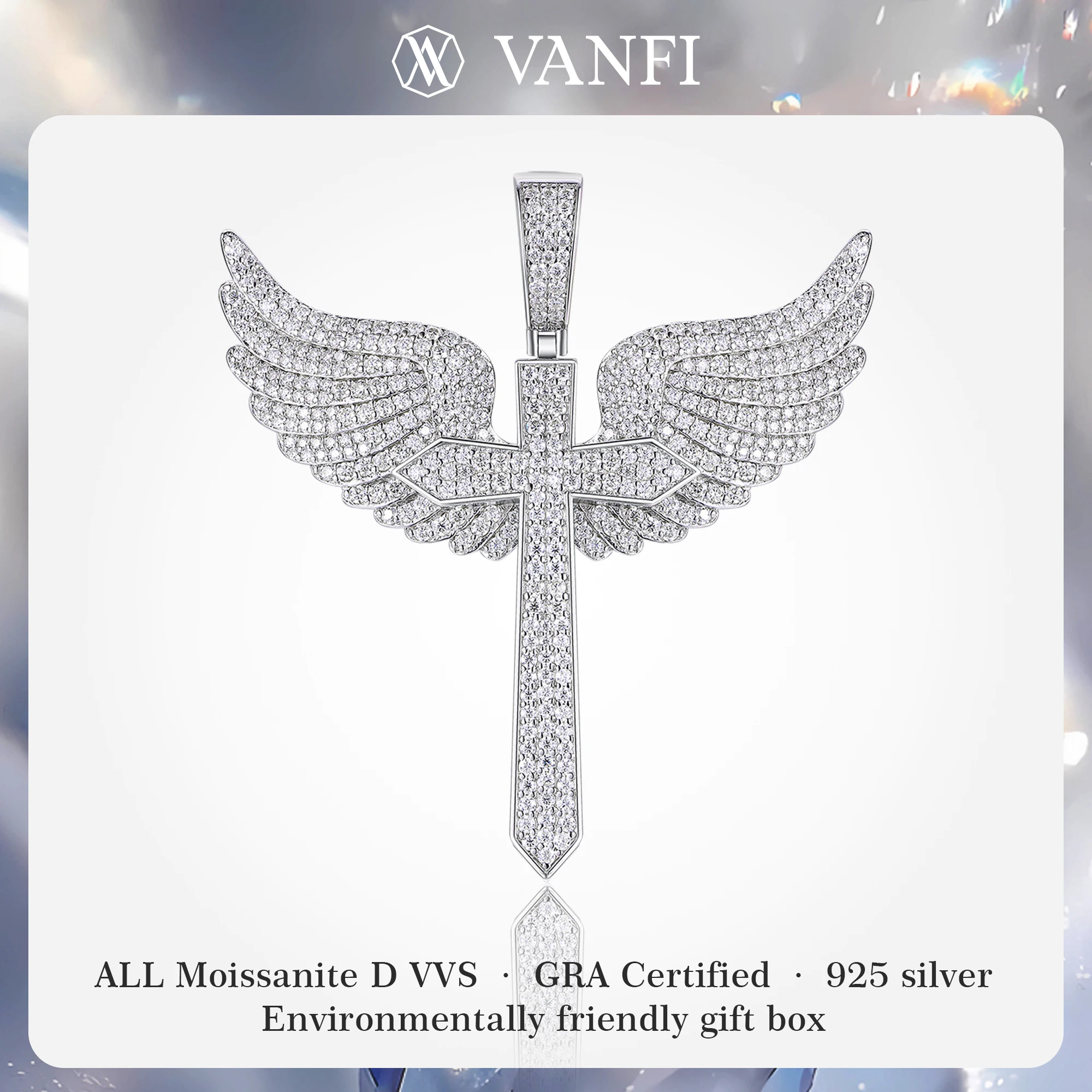 

Kfvanfi GRA Moissanite s925 silver necklace wings angel cross personality men's hip hop pendant platinum plated luxury necklace