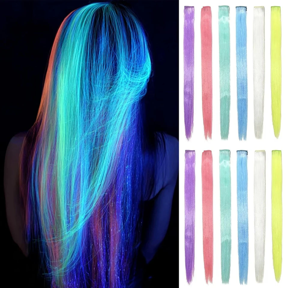 Extensión de cabello que brilla en la oscuridad, 7 piezas con clip, sintética luminosa para fiestas y celebraciones