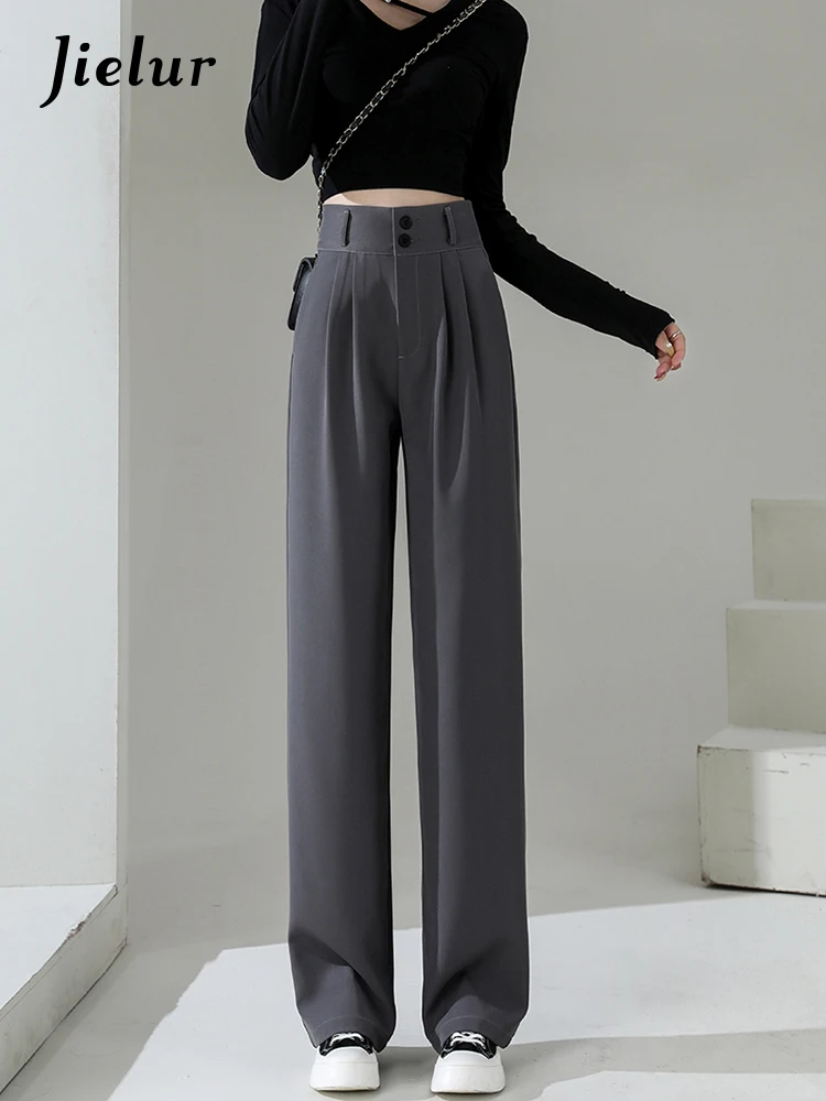 Jielur High Waist Wide Leg Pants for Women New Loose Straight Coffee Trousers Autumn Double Buttons Casual Suit Pants Female