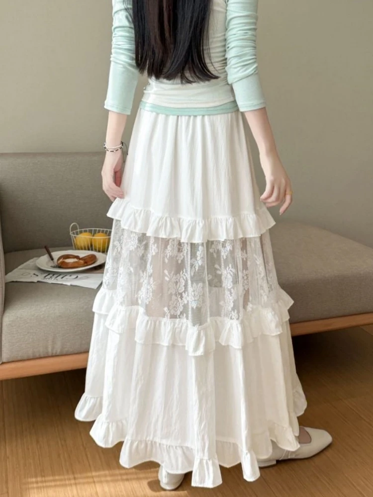 Qiukichonson Lace Midi Skirt Womens Crochet Skirt 2026 Summer Hollow Out Goth Lolita Elastic Waist High Low Ruffle Pleated Skirt