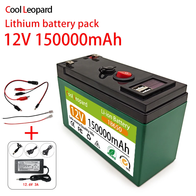 

New 18650 12V 150Ah Rechargeable Lithium Battery Pack,For LED Lighting,Remote Control Toys,Inverse Li-ion Battery +12.6V Charger