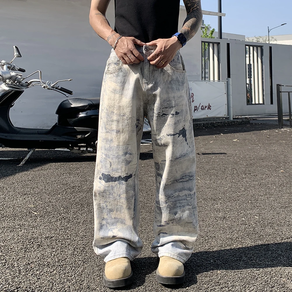 

Мужские потертые джинсы, брюки High Street, свободный крой, винтажные джинсовые брюки Y2K, уличная одежда, прямые брюки в городском стиле