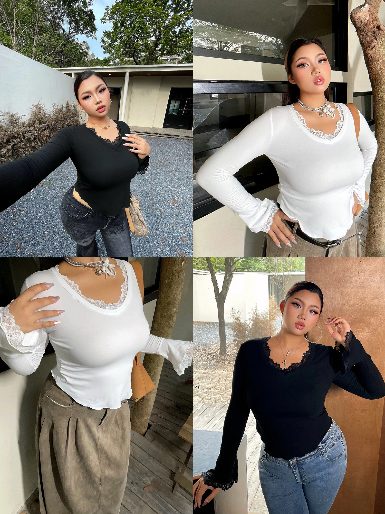 

Slim Fit Lace Patchwork Bell Sve T-irt Women's plus Size Elastic Base irt Street Sle Spor Casual Polyester Long Sl...