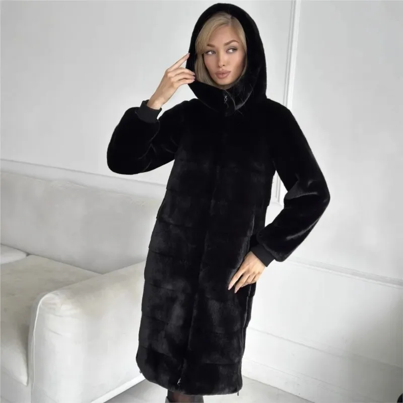 معطف فرو طويل بغطاء للرأس وحزام ملابس نسائية بسحاب مختلط #3