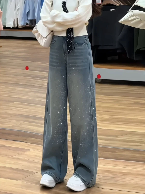 iny Fce Lined Wide Leg Jeans Loose Fit Thi Autumn Winter High Waist Commute Sle Water Waed Vintage Diamond Embelli...