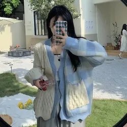 Asymmetrical Patchwork Knitted Cardigan 2024 Autumn Winter Loose Female Clothing Gentle Plaid Casual Fashion Irregular Sweaters