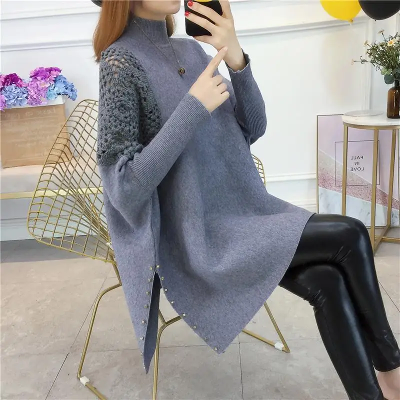 Autumn and winter loose bat pullover half high neck knitted sweater women\'s new shawl cape nail bead hook flower coat