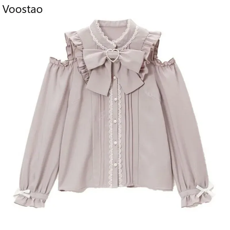 S-4XL Kawaii Donna Lolita Camicie Fiocco Cuori Fibbia Camicetta Y2k Giapponese Scava Fuori Manica Lunga Dolce Top Ufficio Donna JK v;6,a'