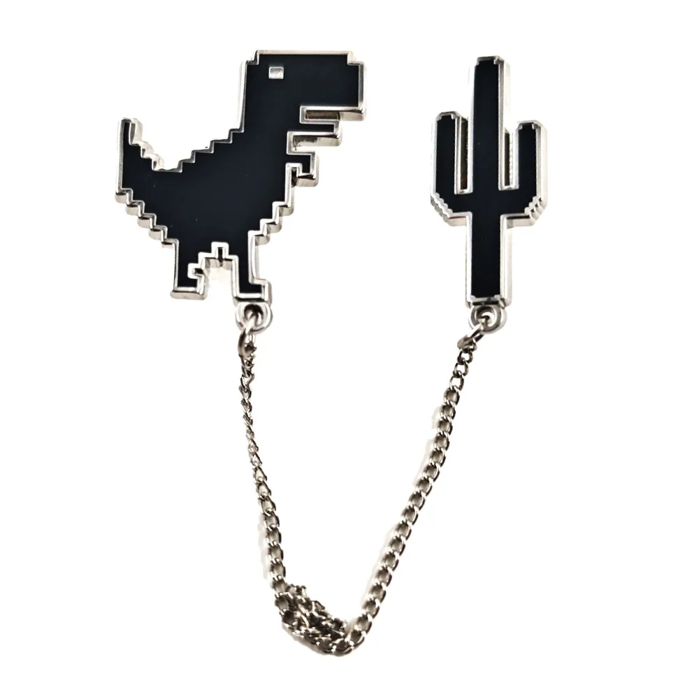 Pixel T-Rex Dinosaur Cactus Enamel Pins with Chain Funny Chrome Offline Game Brooch Badges Lapel Pin Jewelry Gift for Gamer Frie