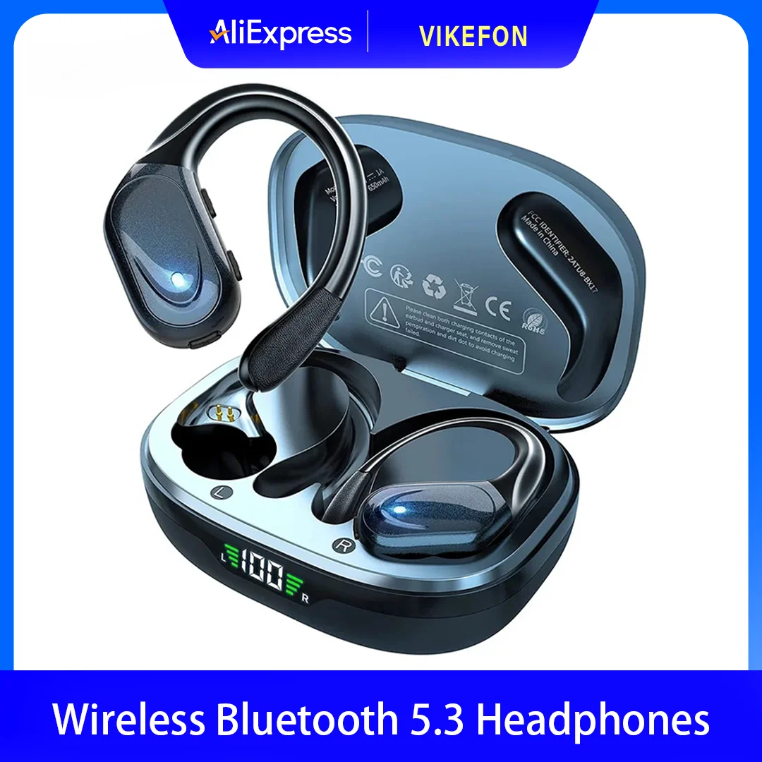 

Беспроводные наушники Спортивные Bluetooth 5.3 наушники с микрофоном с шумоподавлением 75 часов Hi-Fi стерео наушники со светодиодным дисплеем USB-C IPX6