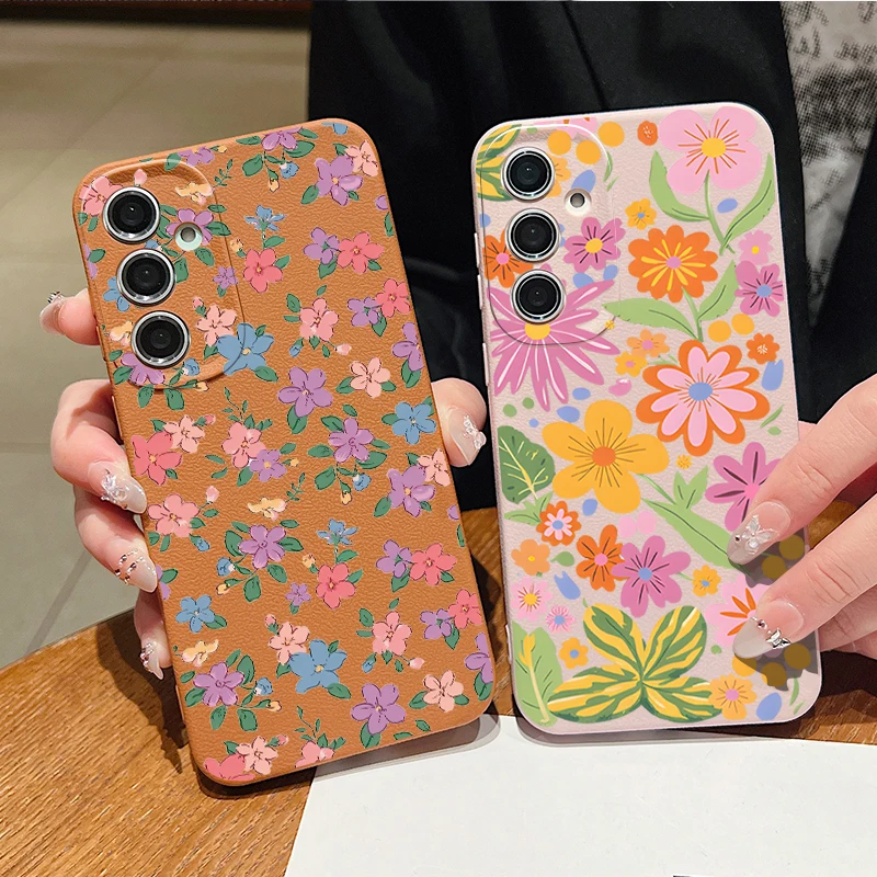 Schöne Blumenmuster-Handyhülle für Samsung Galaxy S26 S25 S24 S23 Ultra S22 Plus S24 S25 FE Weiche TPU-Leder-Textur-Abdeckung