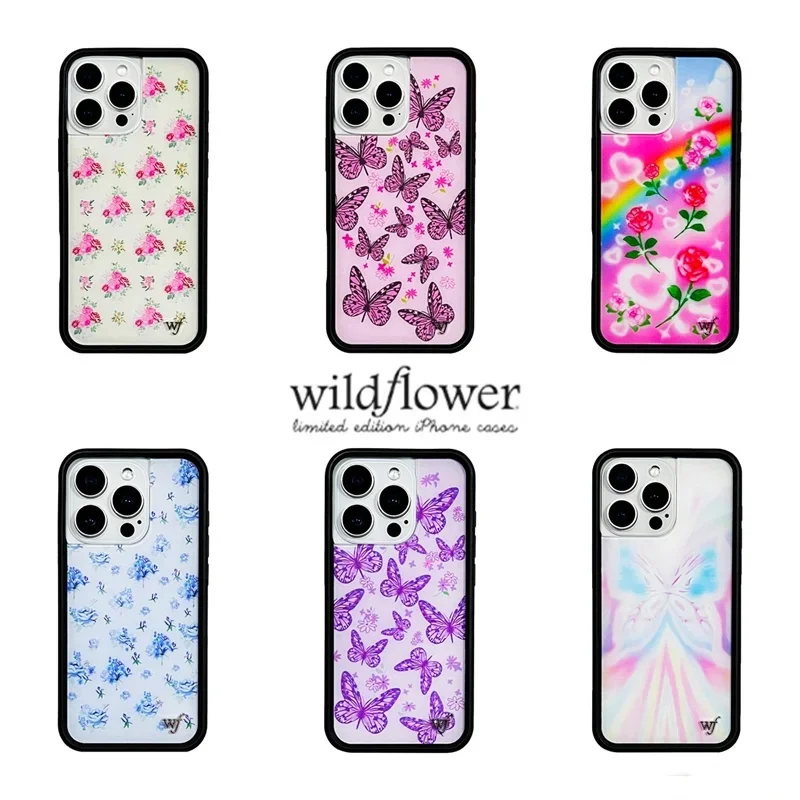 Чехлы для телефонов Wildflower 3D Butterfly Flower для iPhone 12 13 14 15 16 Pro Max Plus 17 Pro с радужными бабочками и эффектом Авроры