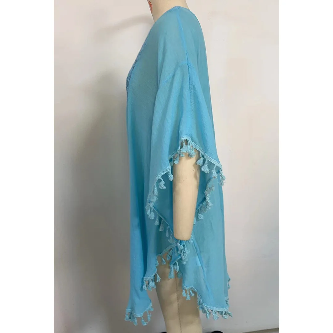Neue Tunika mit Fransen, Quasten und Stickerei, halblange Ärmel, Strandkleid, langes Strandkleid, Strandmode, Damen, V5328 – Detail 32
