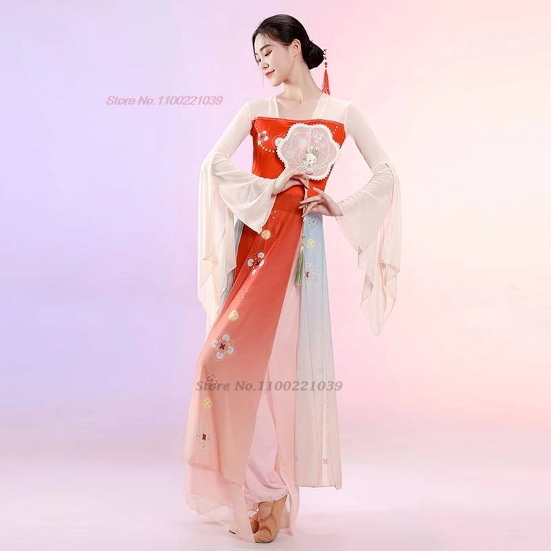 2025년 전통 중국 빈티지 드레스 한푸 레트로 꽃무늬 한푸 상의+하의 세트 전통 무용 공연 의상