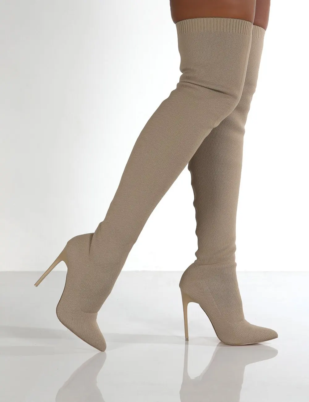 Women Autumn Over The Knee Boots Stiletto High Heel Slip on Elastic Knitted Tube Shoes Beige Black Retro Sexy Bota Feminina